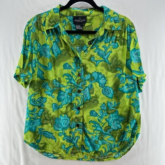 Carole Little Blouse Womens Sz S Short Sleeve Button Up Retro Floral Apple Green - Picture 1 of 11
